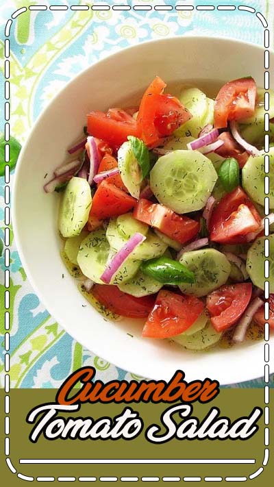 A simple, healthy recipe for cucumber tomato salad with red onions, basil & a homemade vinaigrette dressing.