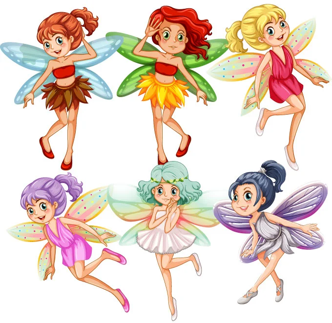 Seis niñas niñas hadas vestidas de distinto color y en varias postura