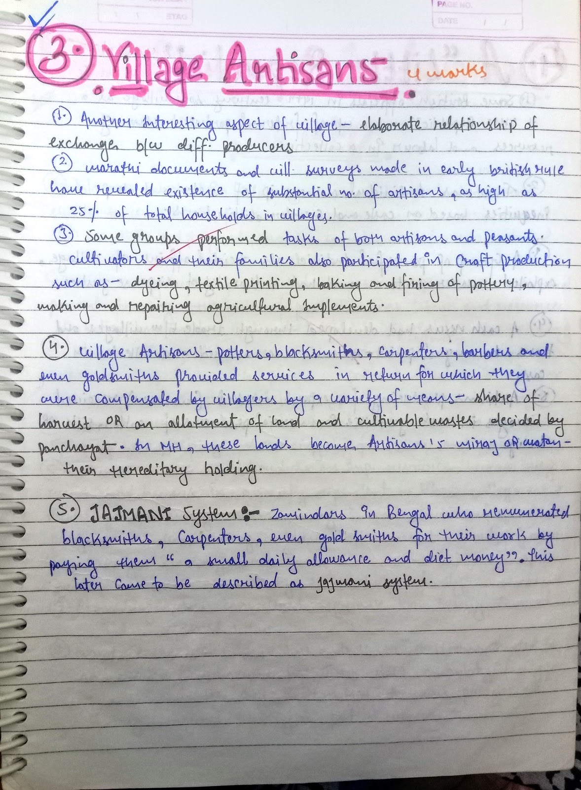 Handwritten Notes of Chapter 8 Peasants, Zamindars and the State