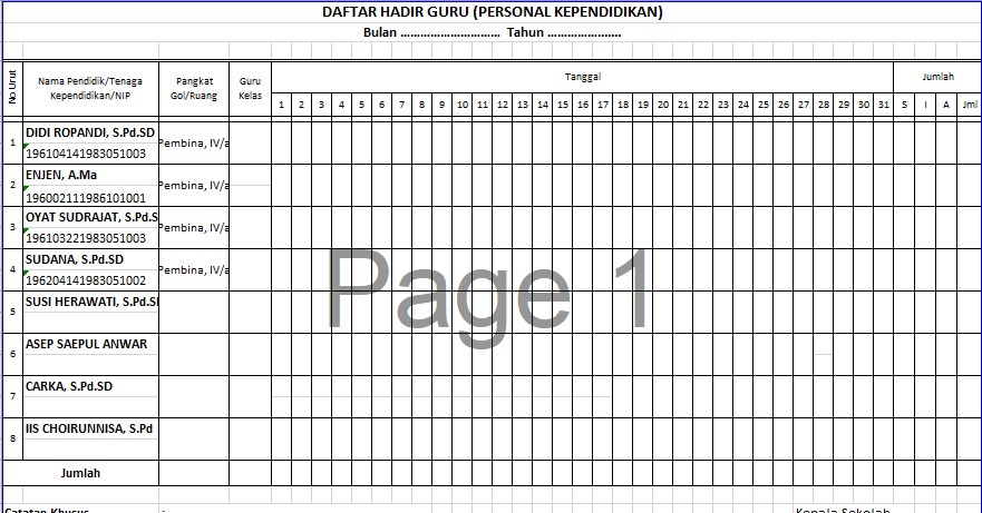 Contoh Format Absen Manual Harian Guru Lengkap Sekolah