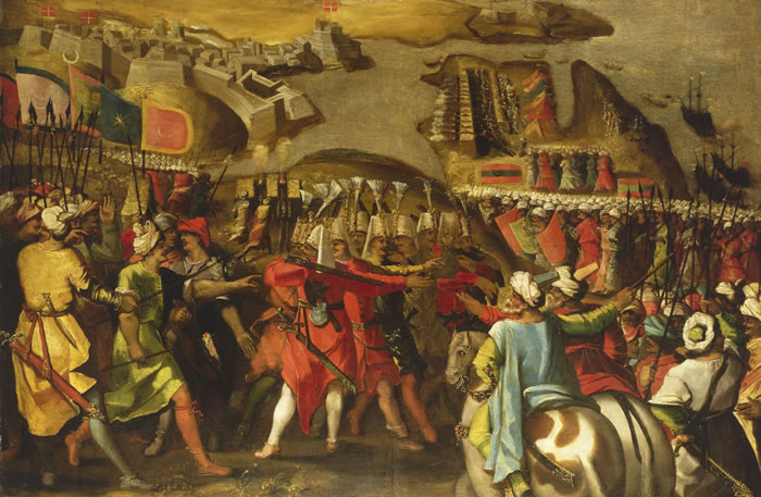 Matteo Perez d' Aleccio. The Siege of Malta Turkish Bombardment of Birgu 6 July 1565