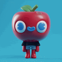 A weird animated apple person with a worm coming out of its head.