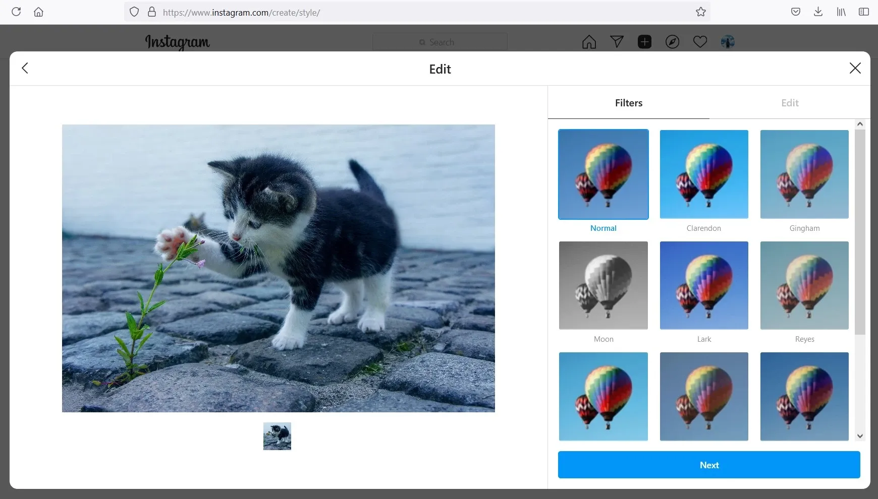 Image Filter Option available on Instagram Desktop