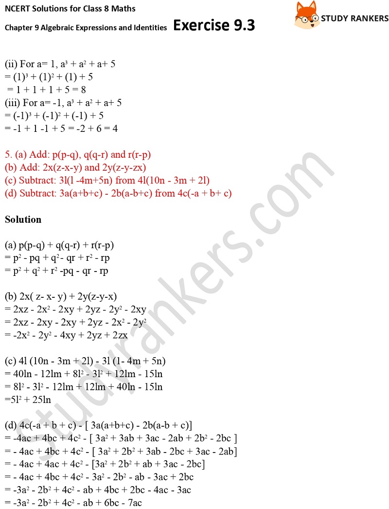 NCERT Solutions for Class 8 Maths Ch 9 Algebraic Expressions and Identities Exercise 9.3 5