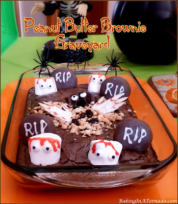 Peanut Butter Brownie Graveyard, a fun Halloween dessert for the chocolate and peanut butter lover. | Recipe developed by www.BakingInATornado.com | #recipe #Halloween