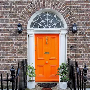 Orange Dublin door on Mountpleasant Square in Ranelagh