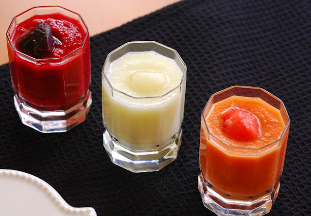  Gazpacho de sandía, sopa de melón y salmorejo de remolacha. 