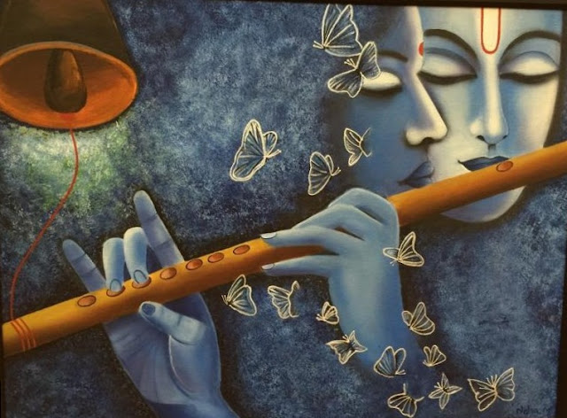 Cerulean Blue color Radhe Krishna playing flute with bell in background using stippling technique