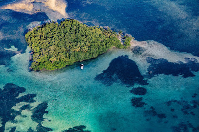 Vue arienne d'une île avec mangrove au grand cul de sac marin en Guadeloupe. Ile entouré de palétuviers.