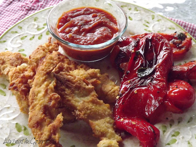 ~ fried chicken strips, fried red bell pepper salad, orange -tomato dipping sauce ~