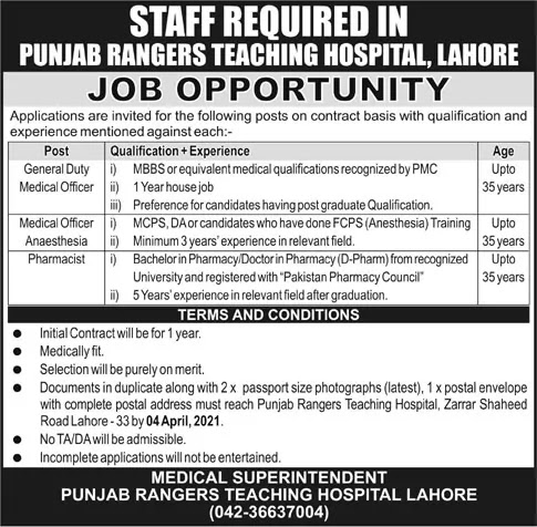 Medical Jobs at Punjab Rangers Teaching Hospital Lahore 2021