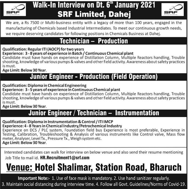 SRF Limited - Walk-In Interviews for Production / Instrumentation ...