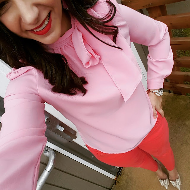 Teacher Valentine's Outfit with Pink Bow Blouse and Gold Bow Heels