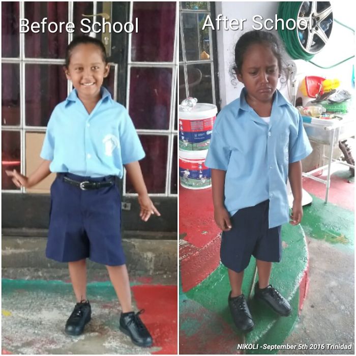 27 Hilariously Adorable Photos Of Children Before And After Their First Day Of School