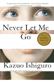 The face of a young white girl with blue eyes, looking up and to the right, with white bands breaking up the image horizontally, containing the text "Never Let Me Go" and "Kazuo Ishiguro".