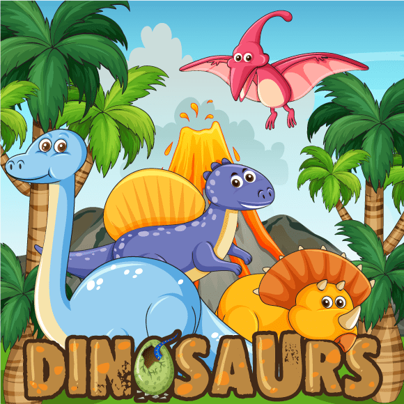 Simpático grupo de dinosaurios cartoon de cuento infantil,  con fondo y letrero estilo Jurasicpark