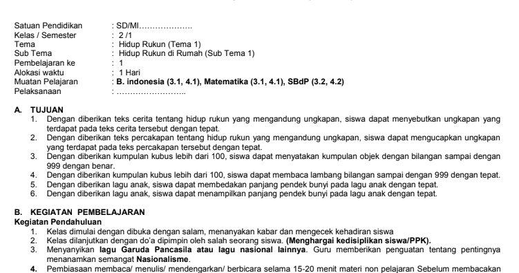 Contoh RPP 1 Lembar SD/MI Sesuai Surat Edaran No.14 Tahun