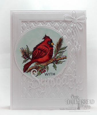 Our Daily Bread Designs Stamp Set: Winter Cardinal, Stamp/Die Duos: With Sympathy, Custom Dies: Pierced Rectangles, Pierced Circles, Lattice Background, Ice Skate