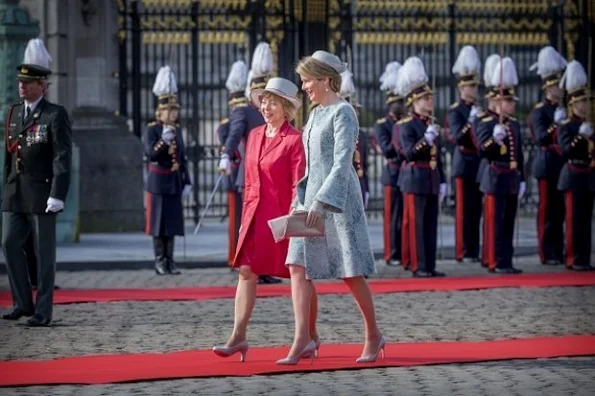 King Philippe and Queen Mathilde of Belgium welcome German President Joachim Gauck and his wife Daniela Schadt during official welcome ceremony at the Royal Palace