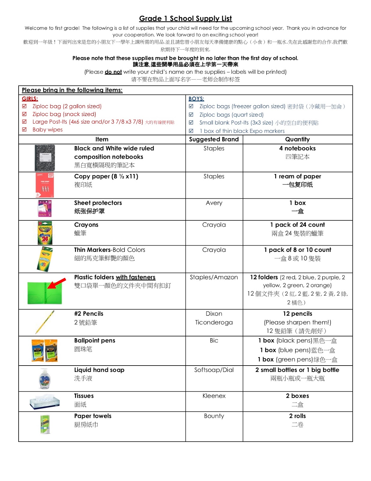 PS 130M Parents Association 一三零小學家長會 1st Grade Supply List