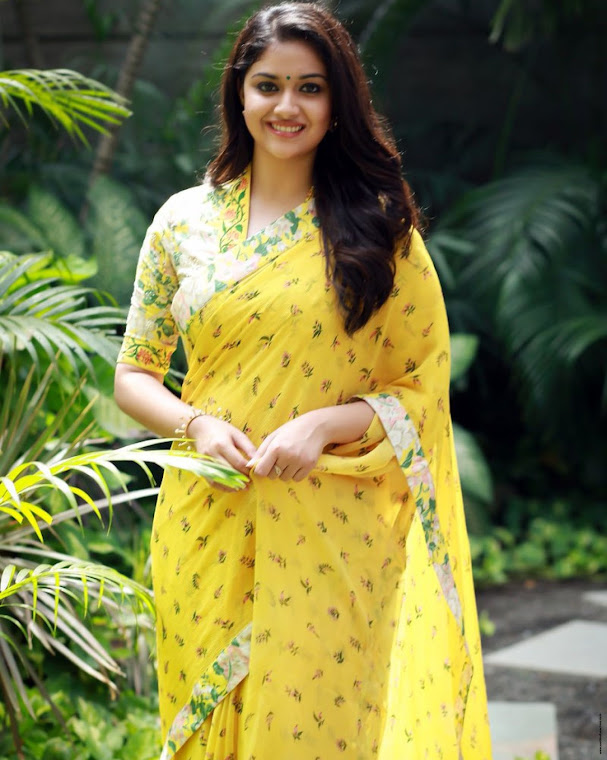 Keerthy Suresh in yellow saree at Nadigaiyar Thilagam Promotions