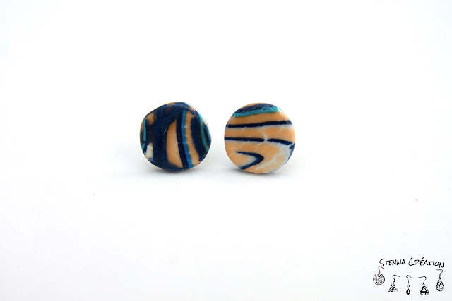 Boucles d'oreilles pâte polymère Canne Spirale bleu orange Fimo Stenna Création