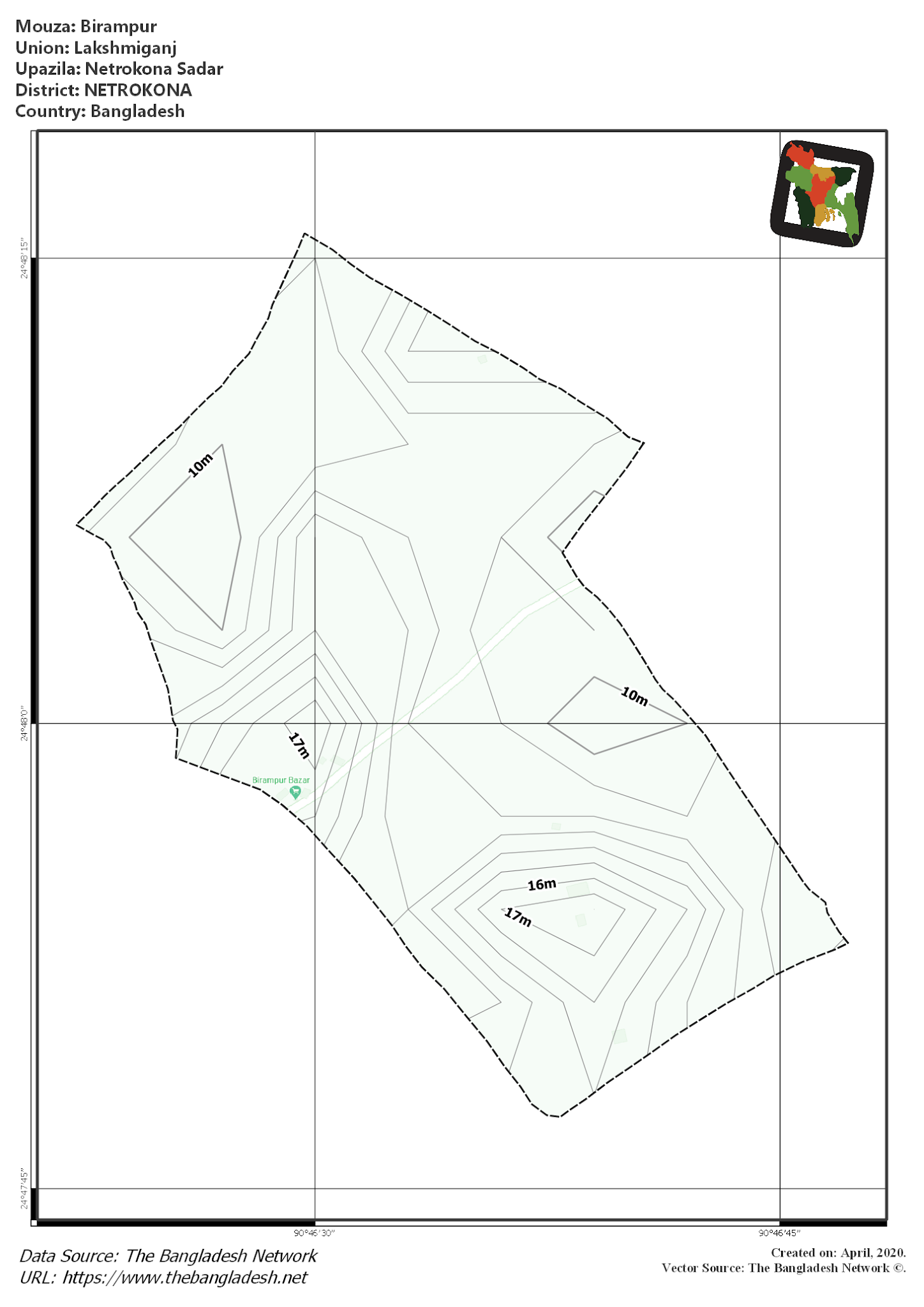 Map of Birampur Mouza of Netrokona Sadar Upazila, NETROKONA, Bangladesh.