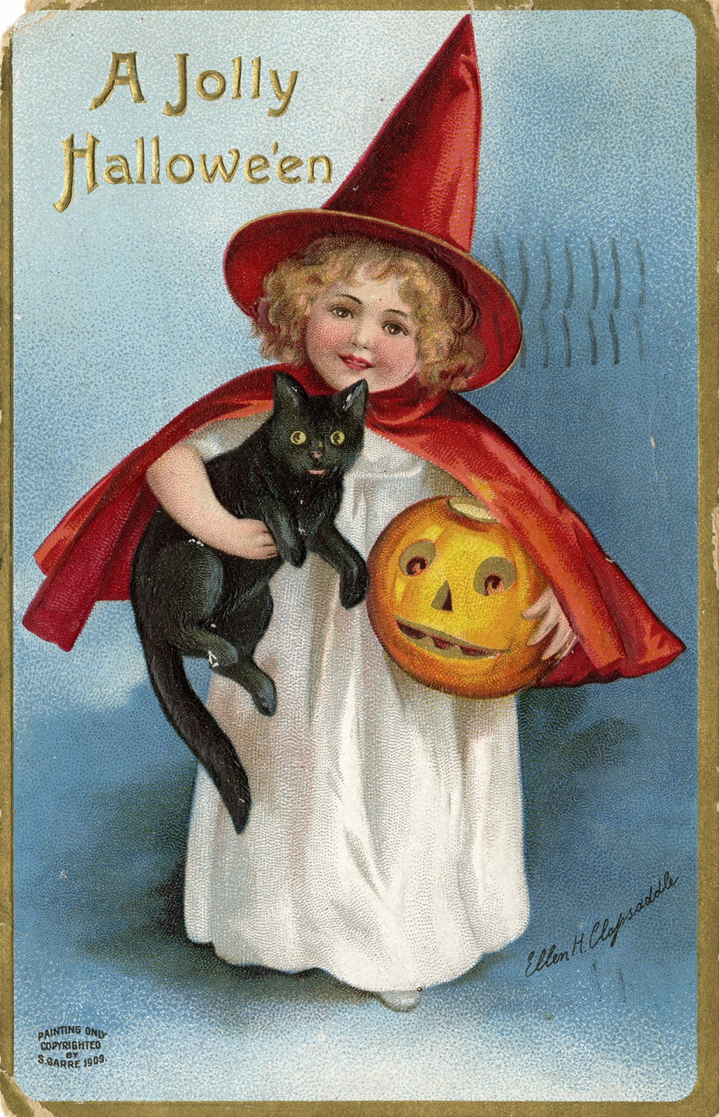 black cat pumpkin lady Antique Halloween embossed postcard child