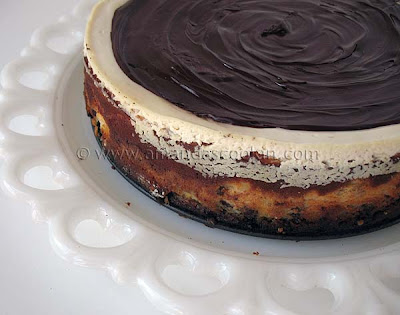 A close up photo of a chocolate chip ricotta cheesecake.