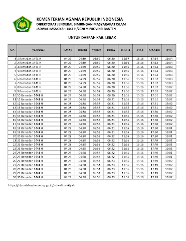Jadwal Imsak Kabupaten Lebak Tahun 2020 / 1441 Hijriah Jadwal Imsak Kabupaten Lebak Tahun 2020 / 1441 Hijriah