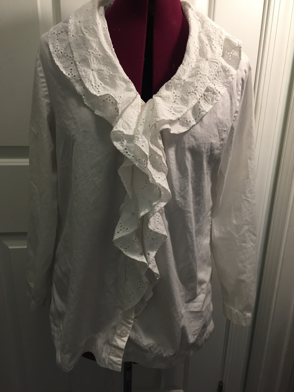Refashioning a White Button Front Shirt with a Ruffled White Eyelet Collar