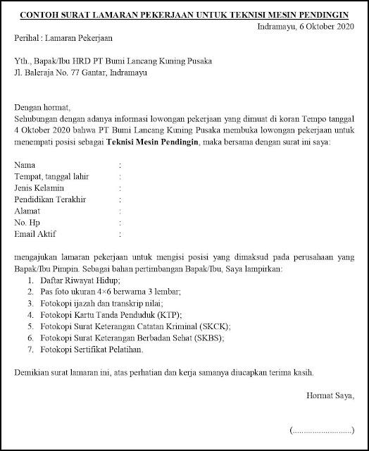 CONTOH SURAT LAMARAN PEKERJAAN UNTUK TEKNISI MESIN PENDINGIN Contoh Surat Lamaran Pekerjaan Untuk Instalasi, Pemeliharaan dan Perbaikan