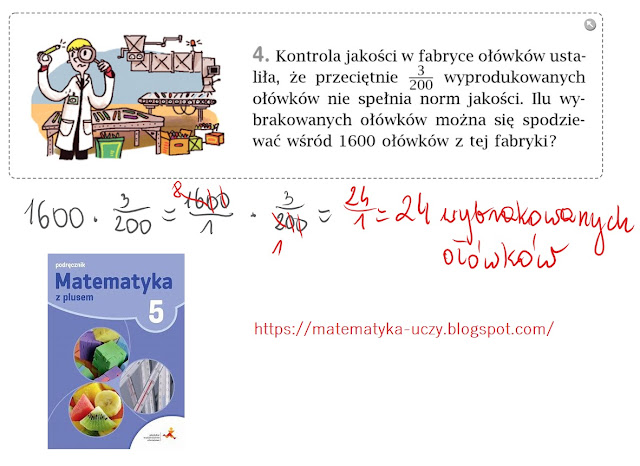 Zad. 3 i 4 str. 92 "Matematyka z plusem 5" Obliczanie ułamka z danej liczby