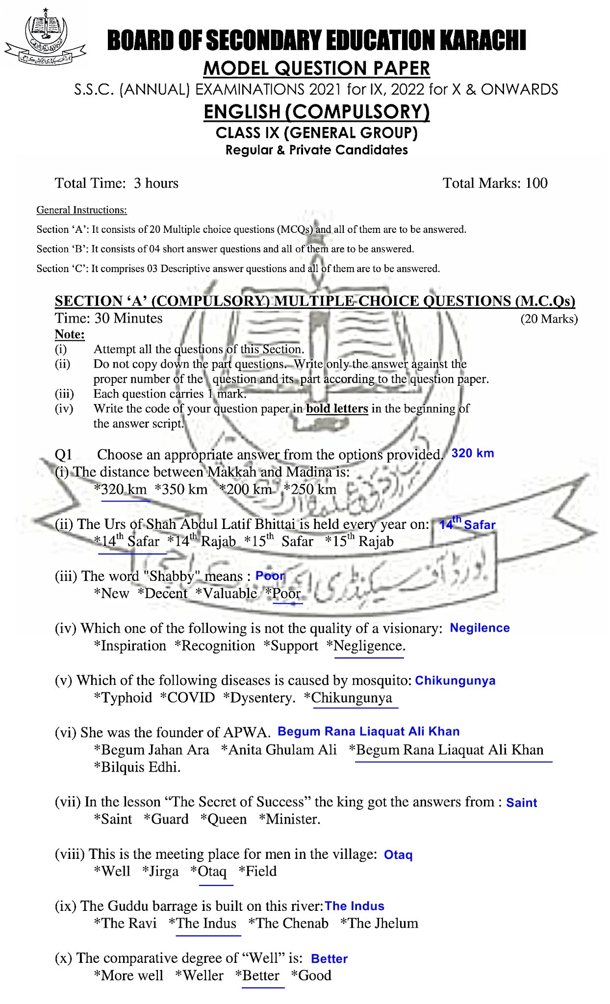 Education Is The Key To Success English Solved Model Paper For Class IX (Arts