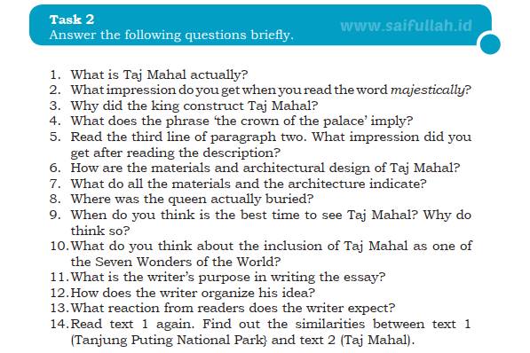 Kunci Jawaban Soal Bahas Inggris Chapter 4 Task 2 Halaman 59 (Taj Mahal)