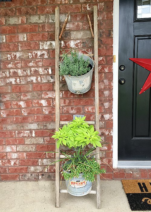 vintage wooden ladder plant holder, farmhouse porch decor