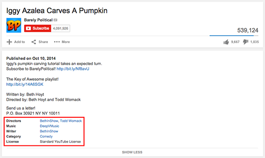 Example of adding Creator Credits to a YouTube video of Australian rapper, Iggy Azalea, carving a pumpkin