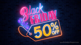 Black Friday 50 Percent Off Sale Colorful Neon Glow Bright Light With Dark Brick Tiles Wall Texture Background