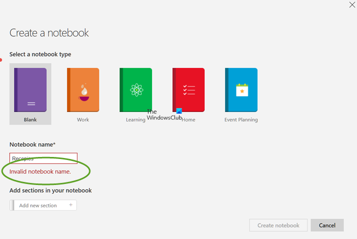 Nome blocco appunti di OneNote non valido