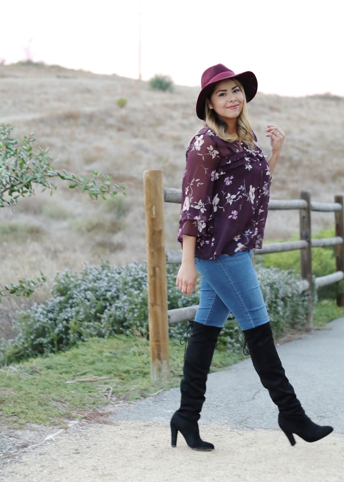 Burgundy Floral Fall Outfit Old navy skinny jeans, a fall 2016 outfit, fall fashion outfit ideas, san diego style blogger