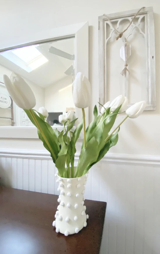 tulips in a chenille dot textured vase