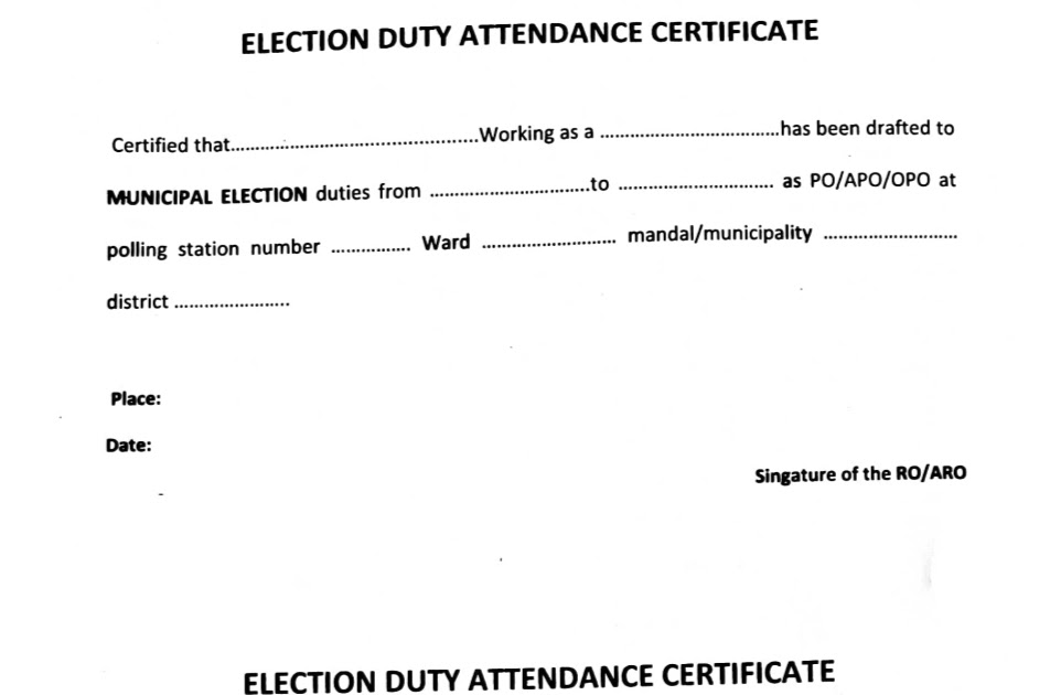 Election duty attendance certificate for municipal elections APEdu