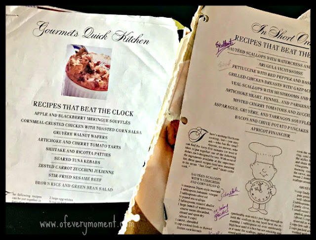 A binder full of pages of recipes torn from a magazine.