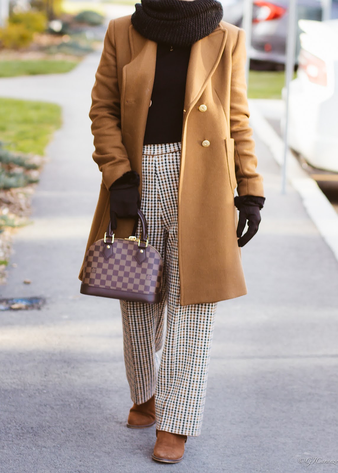 Zara Wool Blend Coat | H&M Knit Infinity Scarf | Zara Knit Pants | Steve Madden Suede Ankle Boots | Louis Vuitton Alma BB Bag | Uniqlo Turtleneck Top | Gucci Sunglasses | Petite Style | Fall Fashion