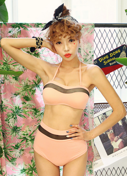 [dabagirl] Contrast Mesh Halter Neck Tube Top Bikini Kstylick Latest Korean Fashion K Pop