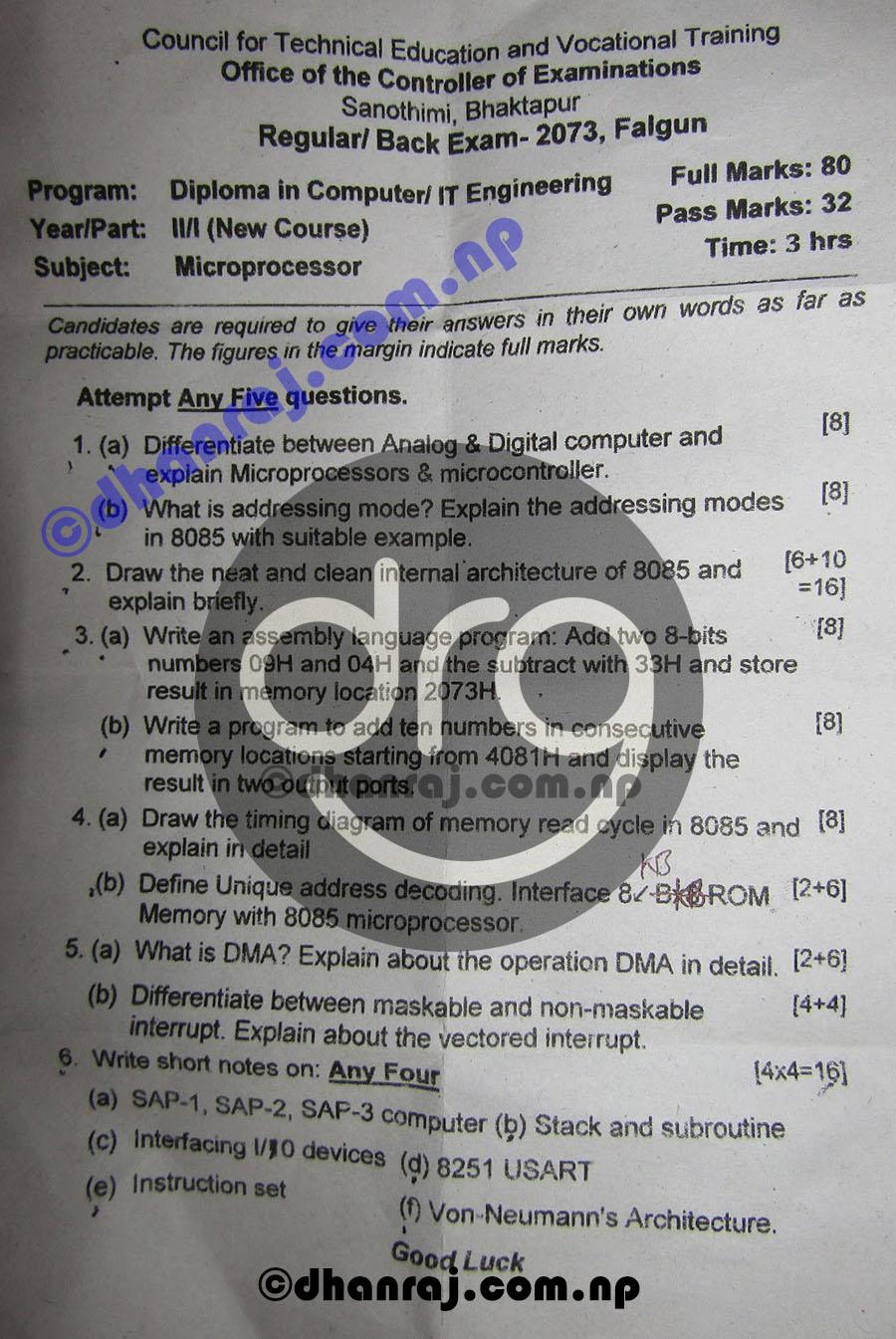 Microprocessor Question Paper 2073 CTEVT Diploma 2nd Year/1st