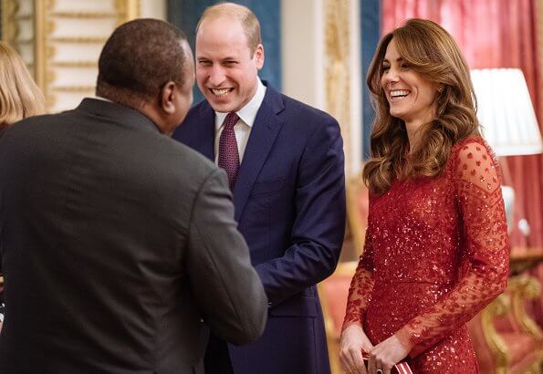 Kate Middleton wore a new red sequined tulle gown by Needle and Thread. The Countess of Wessex wore a stripe knit dress by Alaïa