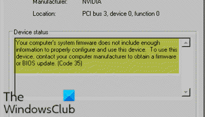 컴퓨터의 시스템 펌웨어에 이 장치를 올바르게 구성하고 사용하기에 충분한 정보가 포함되어 있지 않습니다.