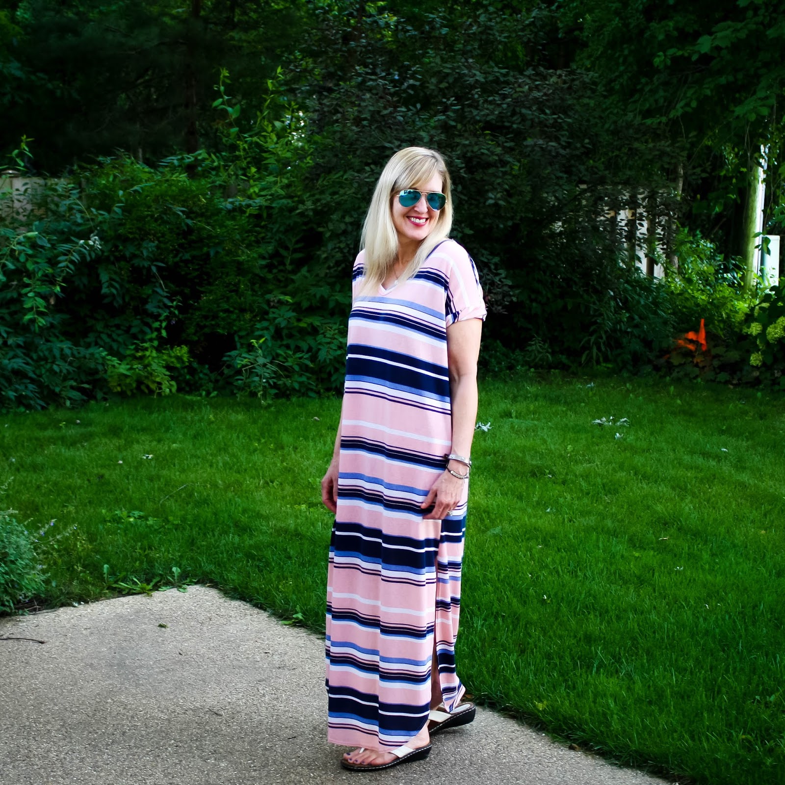 Blush and Navy Striped Maxi Dress