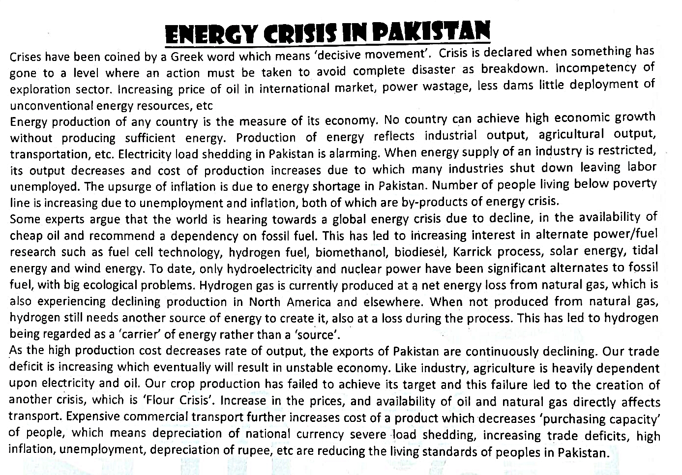 essay on energy crisis in pakistan 150 words